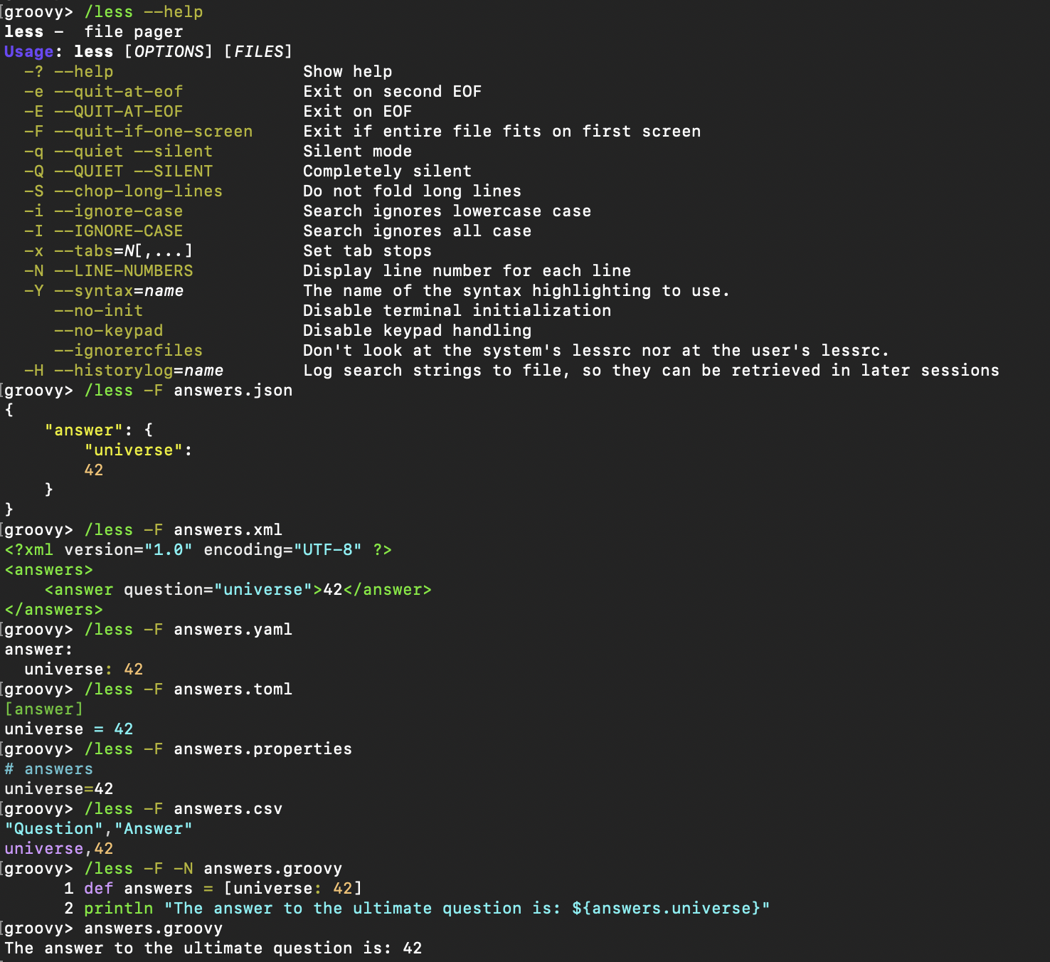 Usage of the /less command